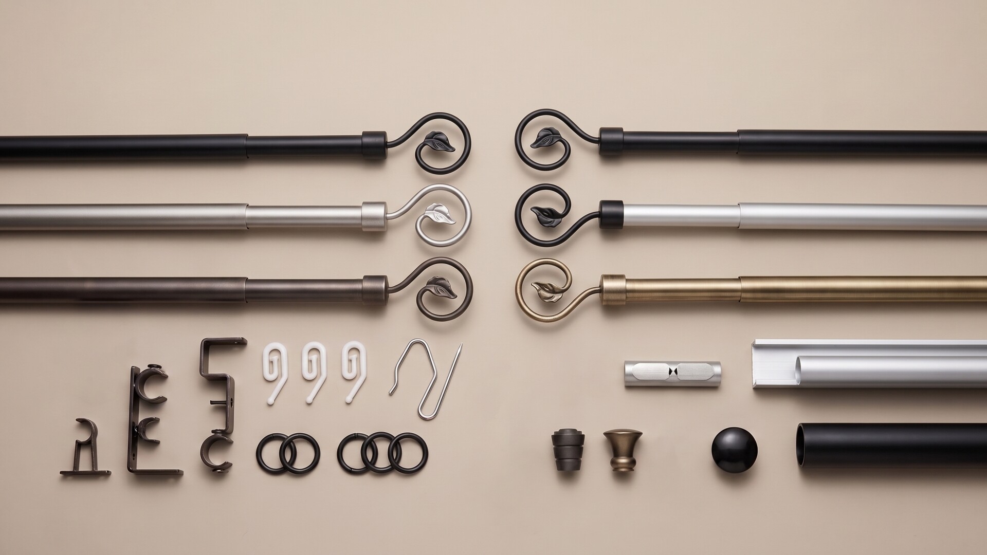 Curtain rods with decorative leaf finials, tracks, brackets, rings, and hardware